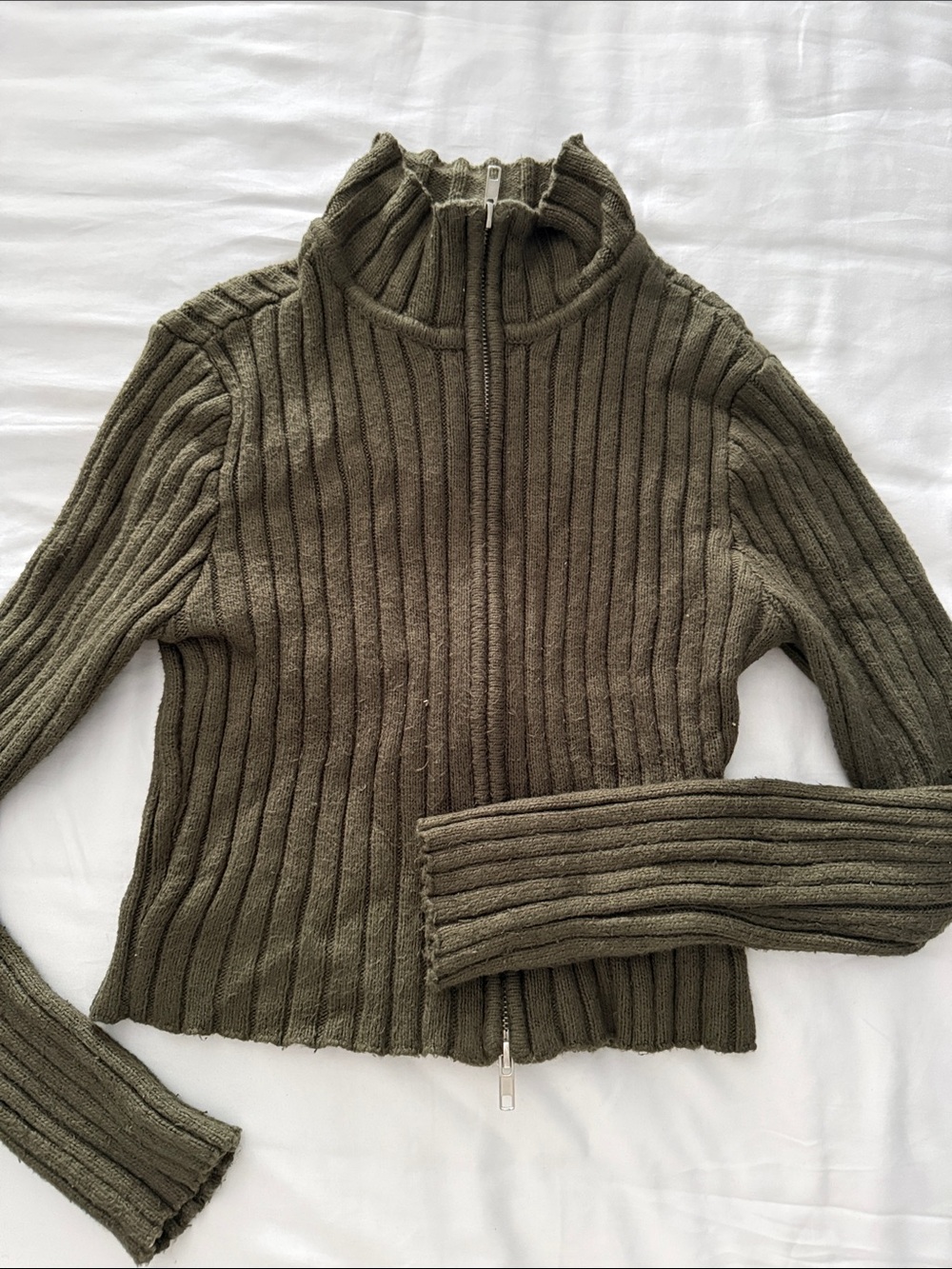 Garage Olive Ribbed Zip-Up Turtleneck Sweater - Picture 1 of 7